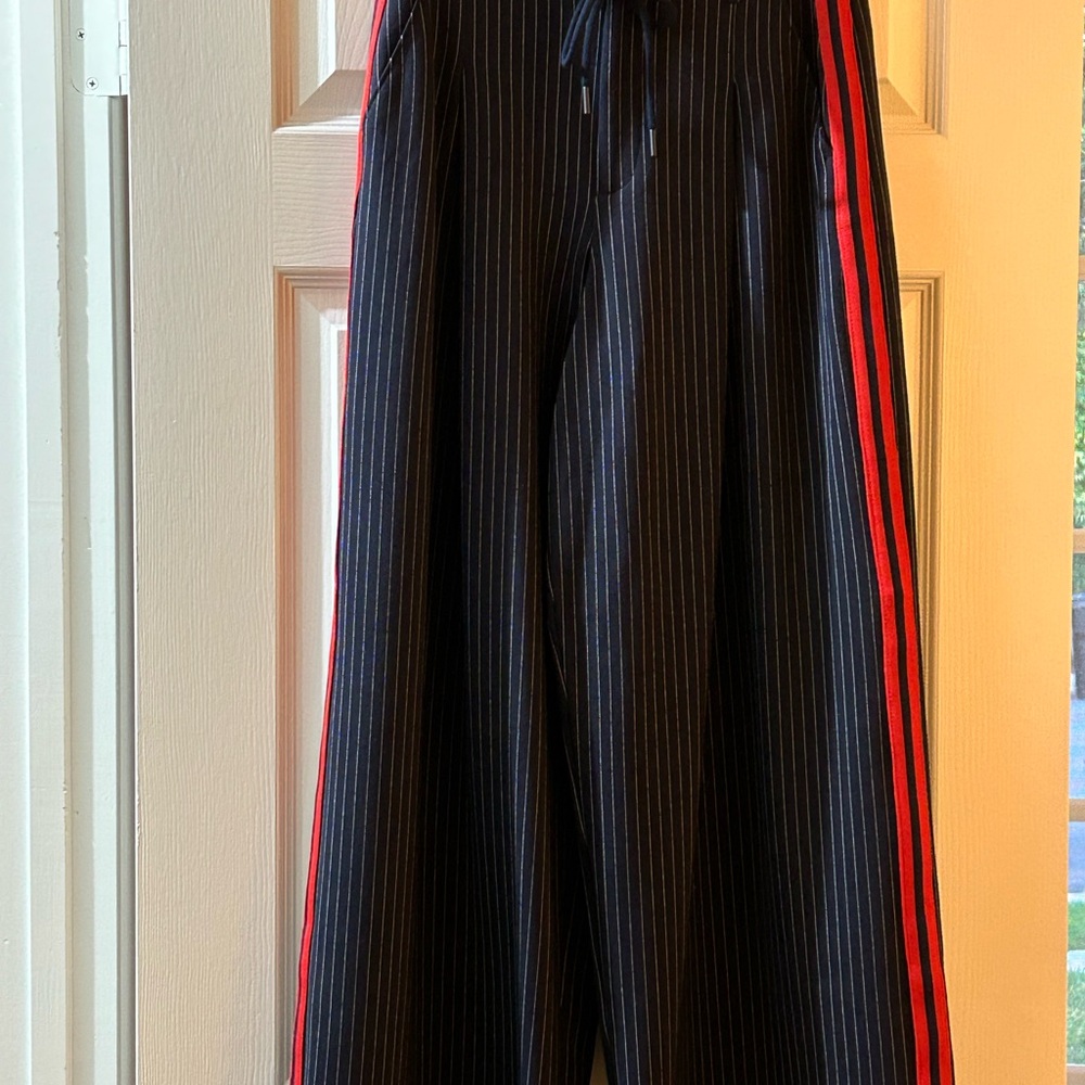 Liverpool Stylish Navy and White Striped pants with a red ribbon stripe